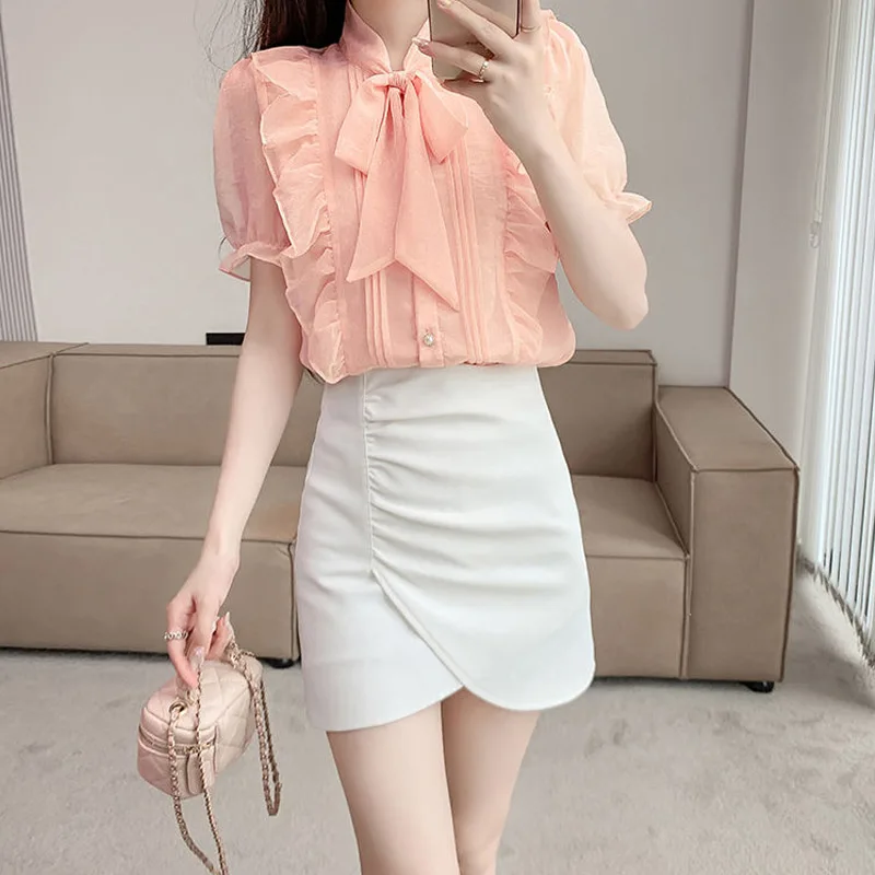 Sweet Ruffles Thin Shirt Tops Bow Short Sleeve Chiffon Pleated Youth All-match Blouse Summer Fashion Temperament Women Clothing