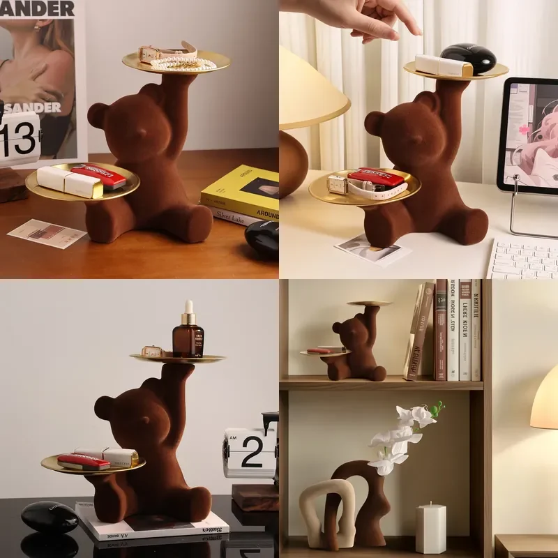 Beihanmei Flocking Bear Storage Tray Entrance Decor Light Luxury Housewarming Gift Home Desktop Ornament