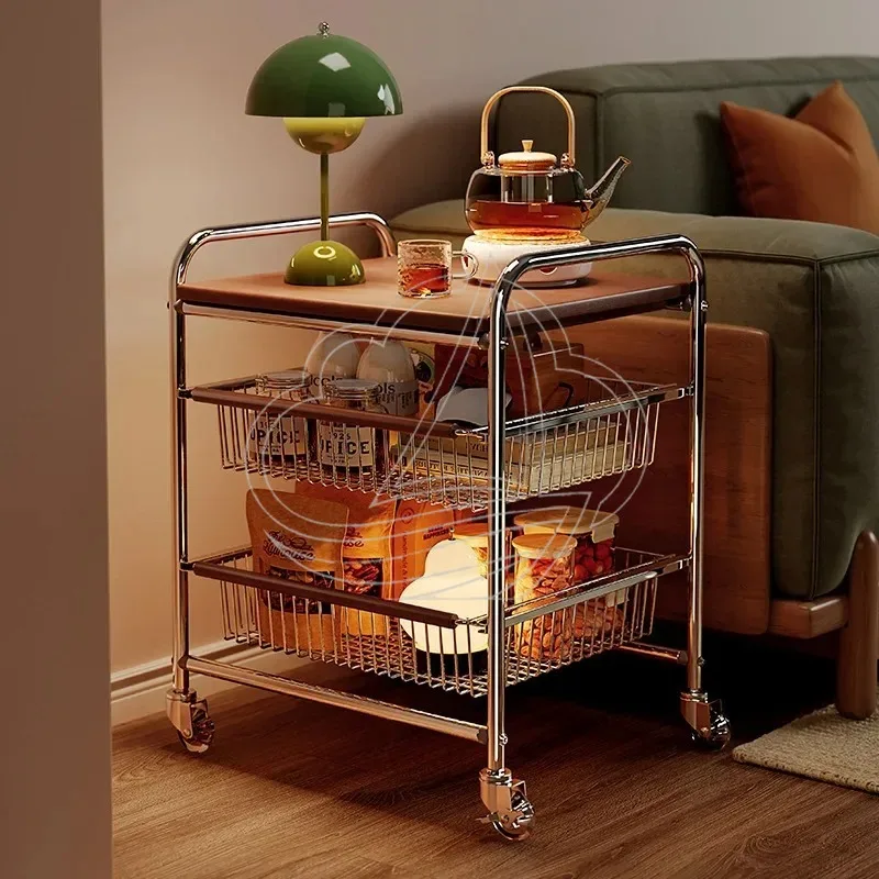 Cart rack by the sofa Mobile low cabinet Solid wood dining table Multi-storage