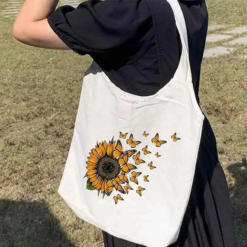 FD01 bolsas de lona con estampado de girasol, bolso de compras reutilizable con asas