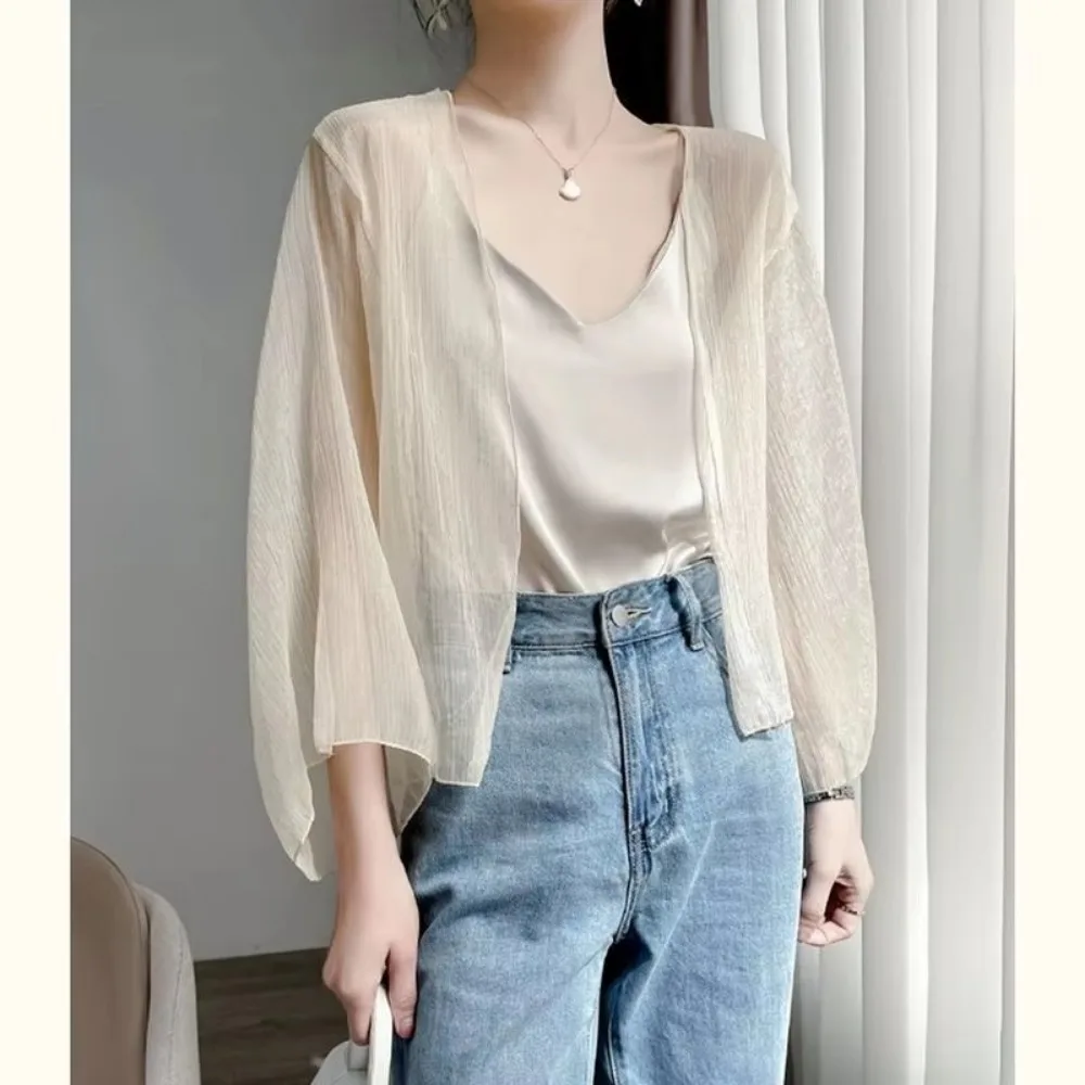 Summer Crinkle Women Cardigan Loose Chiffon Thin Section Top See Through Transparent Short Shawl Small Jacket view 3