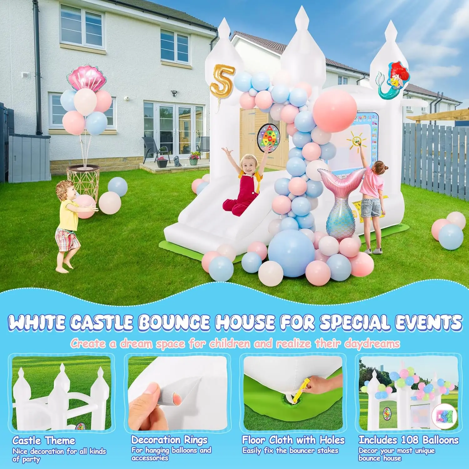 White Bounce House Indoor/Outdoor for Kids 2-8 with Balloons, Magical Water Canvas, Dart Target Balls, Bar Dart Set, Basketball,