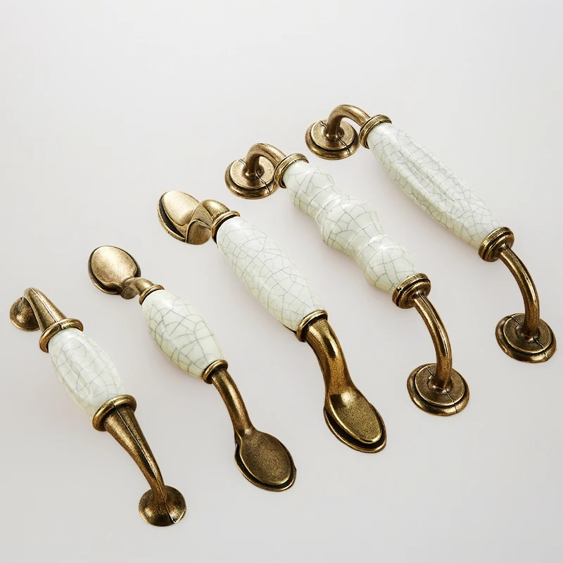 Retro Ceramic Crackle Drawer Knobs Single Hole Antique Bronze Cabinet Handles European Vintage Style Pulls  Kitchen Bedroom