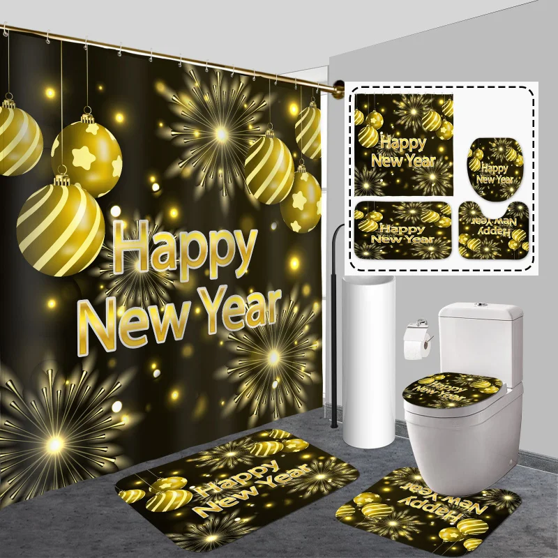 Happy New Year 4pcs Shower Curtain Set with Hooks - Waterproof, Non-Slip Bathroom Rug, U-Shape Toilet Mat & Lid Cover Pad - Vibr