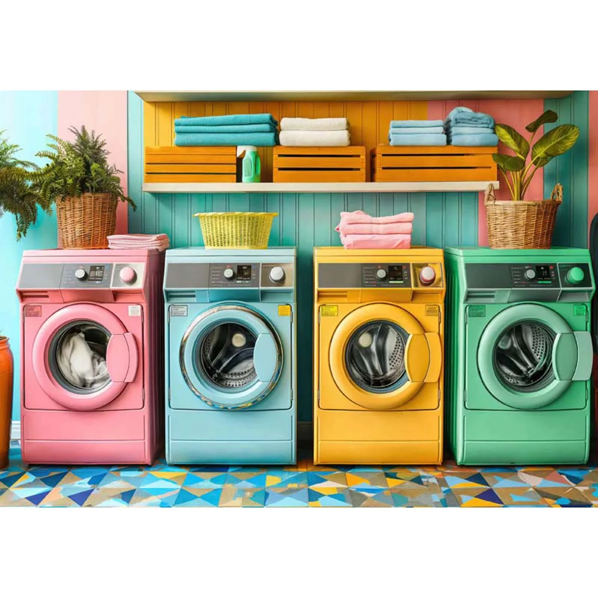 Allenjoy Laundry Day Colorful Washing Machine Spring Backdrop