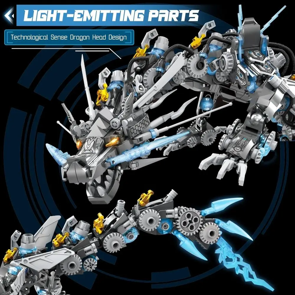 ชุดตัวต่อเครื่องกลมังกรสีเทาแบบสองรูปแบบ 1,390 ชิ้น เหมาะสำหรับการสะสมและจัดแสดงสำหรับวัยรุ่นและผู้ใหญ่