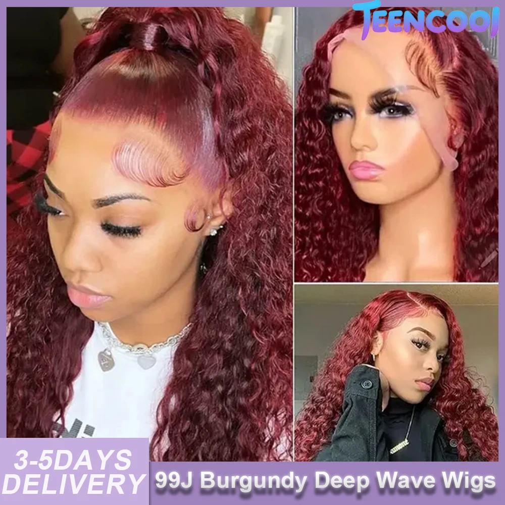 

30-дюймовый парик из натуральных волос, цвет 99J бордовый, с глубокими волнами, предварительно выщипанный, с прозрачным HD-кружевом 13x4/13x6, 180% плотность
