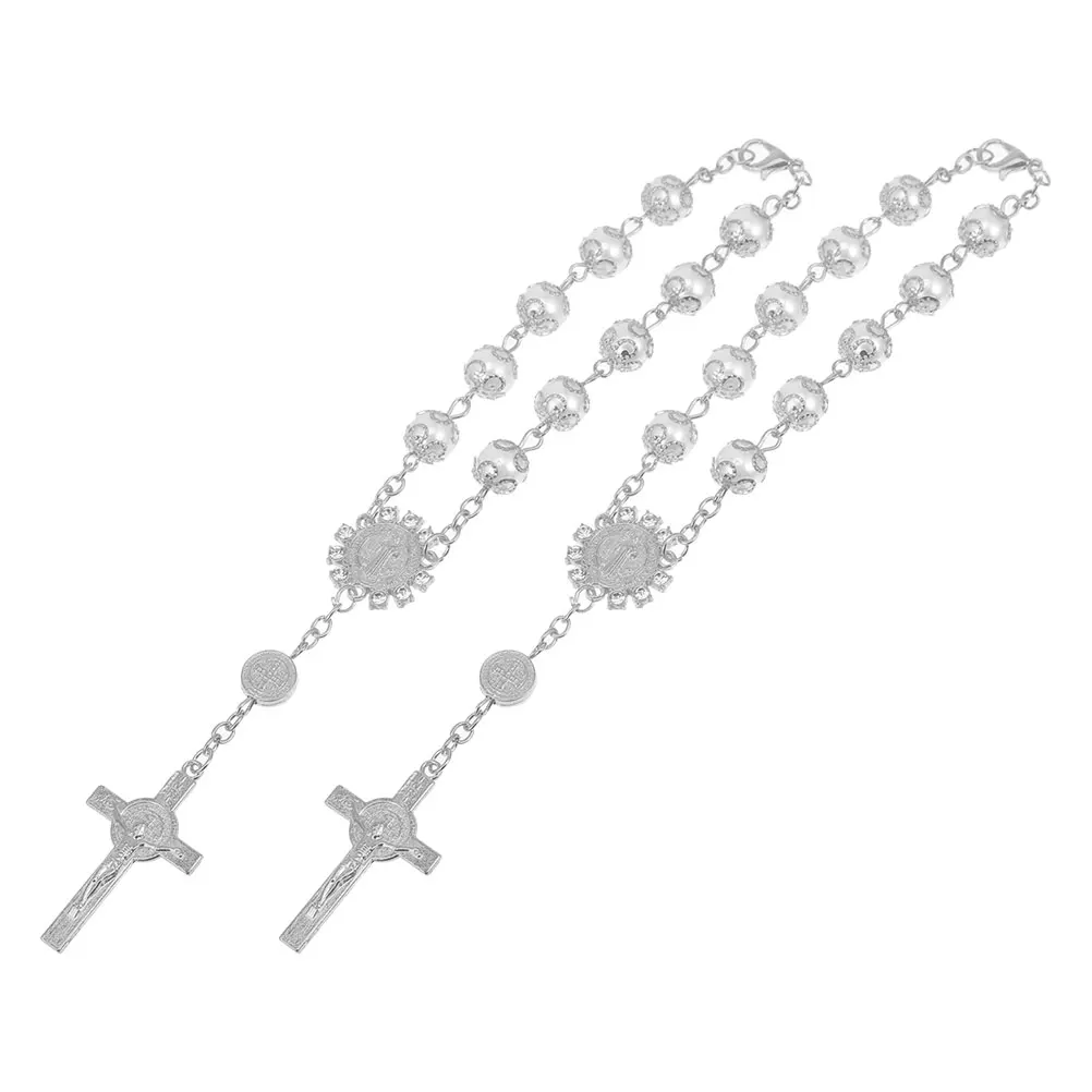 

2pcs Cross Hanging for Car Gold Silver Lace Imitation Pearl Pendant Rearview Mirror Automotive Accessories Rosary Ornament