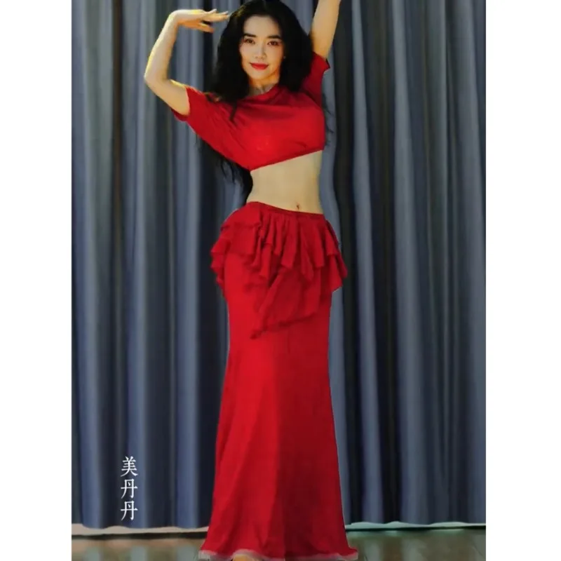 Customized New Belly Dance Set Performance Dress Class Clothes Sexy Temperament Practice Dress Red Beginner Bellydance Costumes