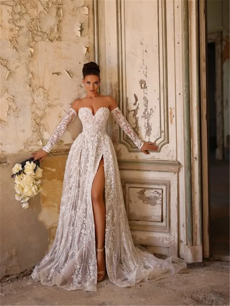 

Lace Wedding Dress Mangas Desmontables De Novia Beach Vestidos Alta Costura Woman Vestido Novias Bridal Bride Robe Mariage Femme