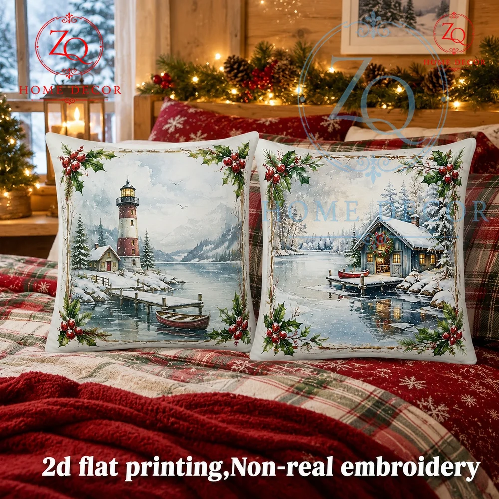 Christmas Winter Coastal Lighthouse Throw Pillow Cover Rustic Holiday Watercolor Lake House Cushion Case  Farmhouse Home  Decor