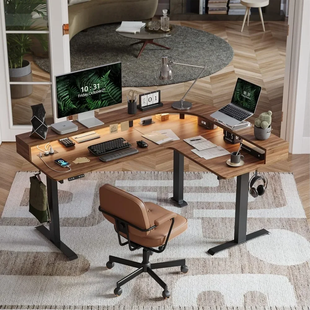 

L Shaped Computer Desks with Arc LED & Power Outlet, Uprated 3 Motors Support 330LBS, Electric Height Adjustable L Shaped Desk