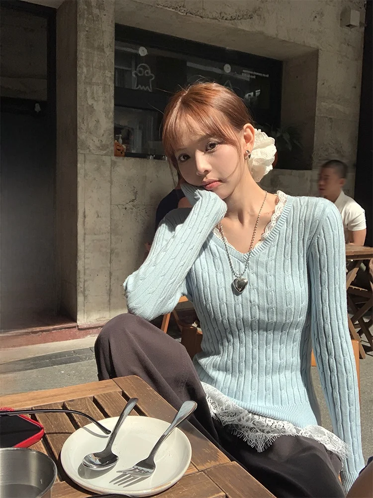 

Blue Lace V-ne Base irt Women's Winter Slim Fit ort Knitted Top Long Sve Commute Sle Korean Version Sizing