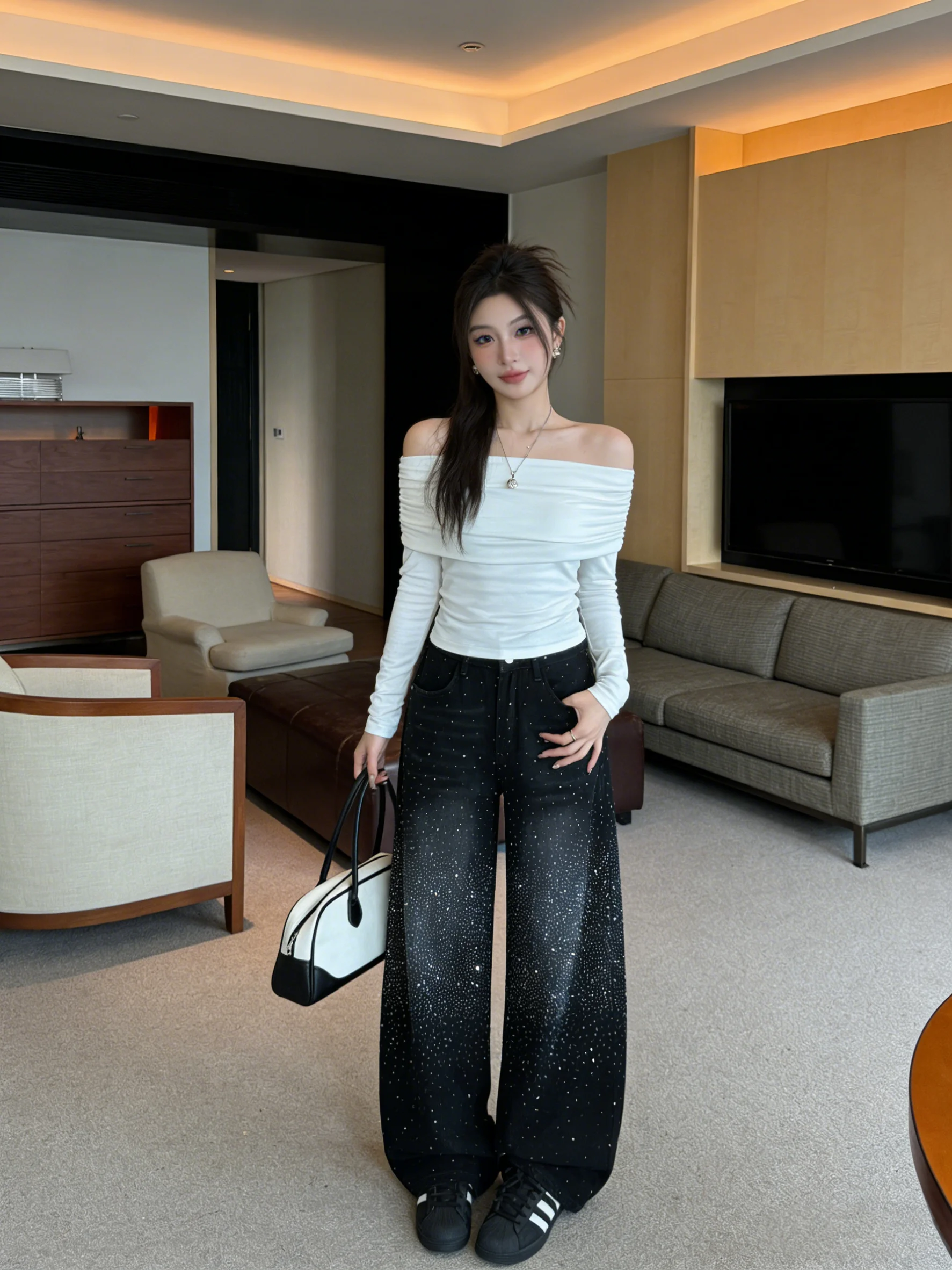 

Bla Vintage Heavy Embellied Denim Jeans Loose Fit Versatile Draped Slimming Women's Floor-Length Knife Pants