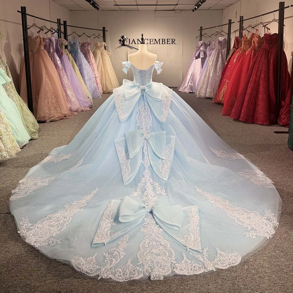 Quinceañera Dress Ice Blue Lace Applique Beaded Sweetheart Off Shoulder Ball Gown with Back Bows Vestido de XV Años