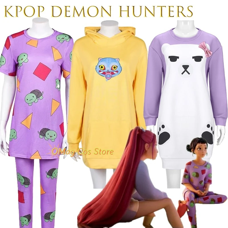 KPop Demon Hunte rs Zoey Mira, пижамы для косплея, фиолетовая одежда для сна с геометрическим принтом, наряд для вечеринки, костюм на Хэллоуин, вечерние KPop Demon Hunte rs Zoey Mira, пижамы для косплея, фиолетовая одежда для сна с геометрическим принтом, наряд для вечеринки, костюм на Хэллоуин, вечерние