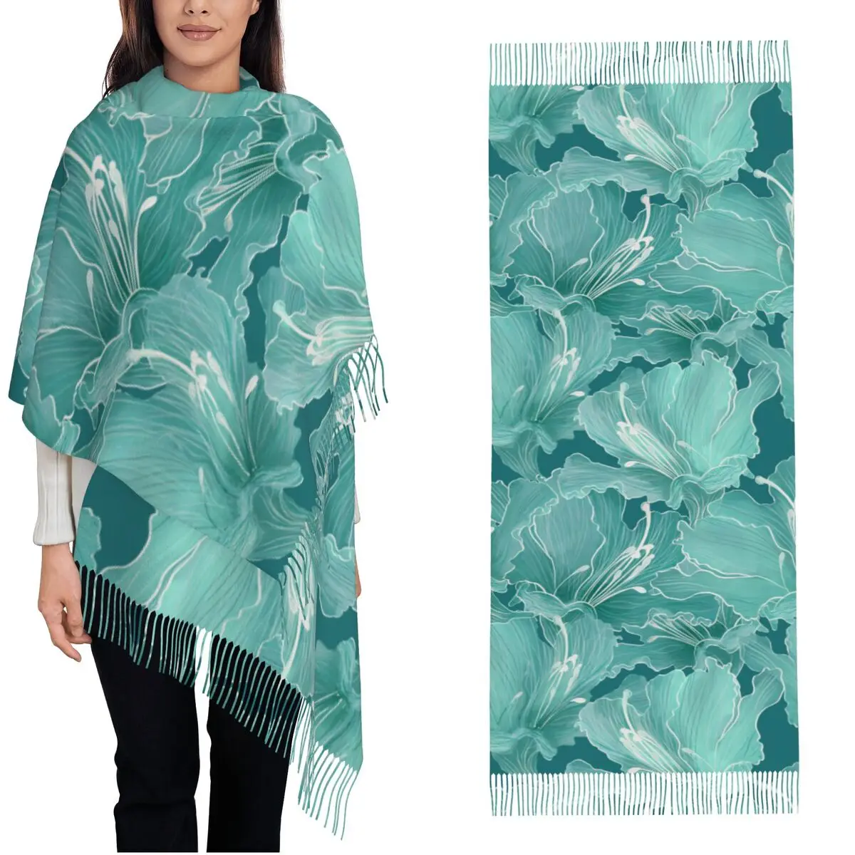 Turquoise Flowers Shawl Wrap Womens Winter Large Long Scarf Teal Floral Aesthetic Neckerchief Tassel Scarves