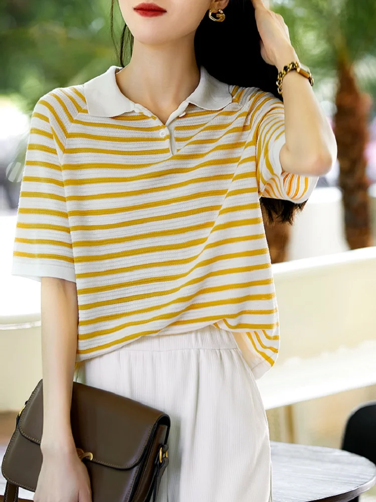 

TuangBiang Summer Autumn 2022 Stripes Polo Collar Women Pullover Short Sleeve Knitted T-Shirt Ladies Classic Elasticity Thin Top