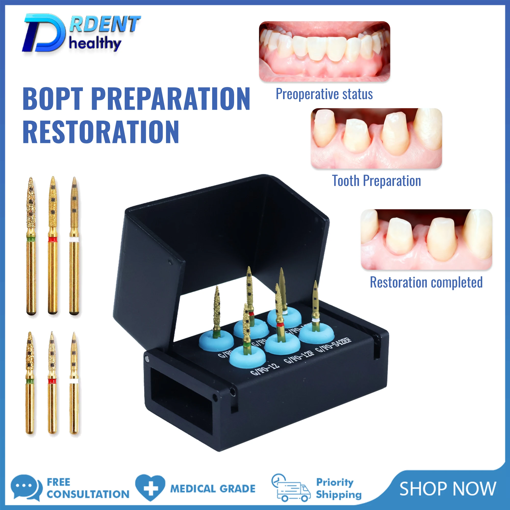 

Боро для подготовки зубов BOPT Вертикальный комплект для восстановления стоматологической подготовки FG7906 Полное восстановление коронки Стоматологические инструменты
