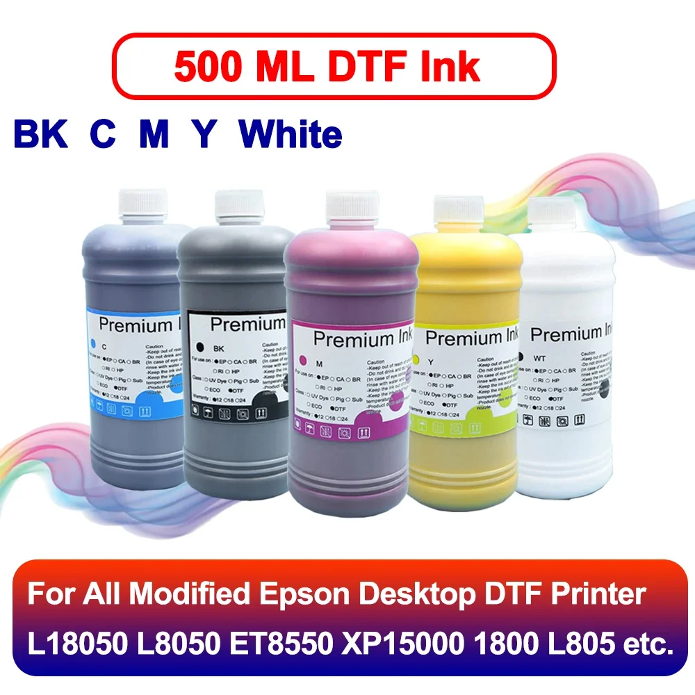 500ML DTF Ink 4 Color + White for Epson L18050 L8050 ET8550 XP15000 L1800 L805, Premium PET Film Transfer Ink for Modified DTF P