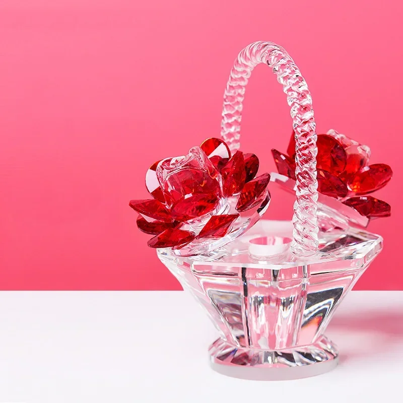 

Crystal Red Rose Flower Basket Figurine Art Glass Collectible Small Craft Gift Dreams Ornament for Home Table Decor