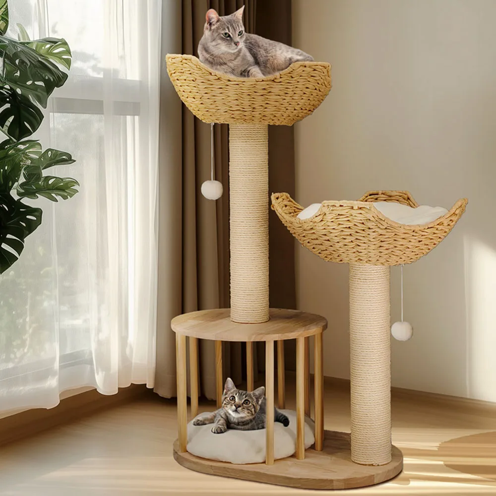 Arbre à Chat Rembourré en Peluche à 3 Niveaux, Perche de Sieste, Chaton, Corde en Sisal, Poteaux à Gratter et Tour de Jouet pour Chatons d'Nik