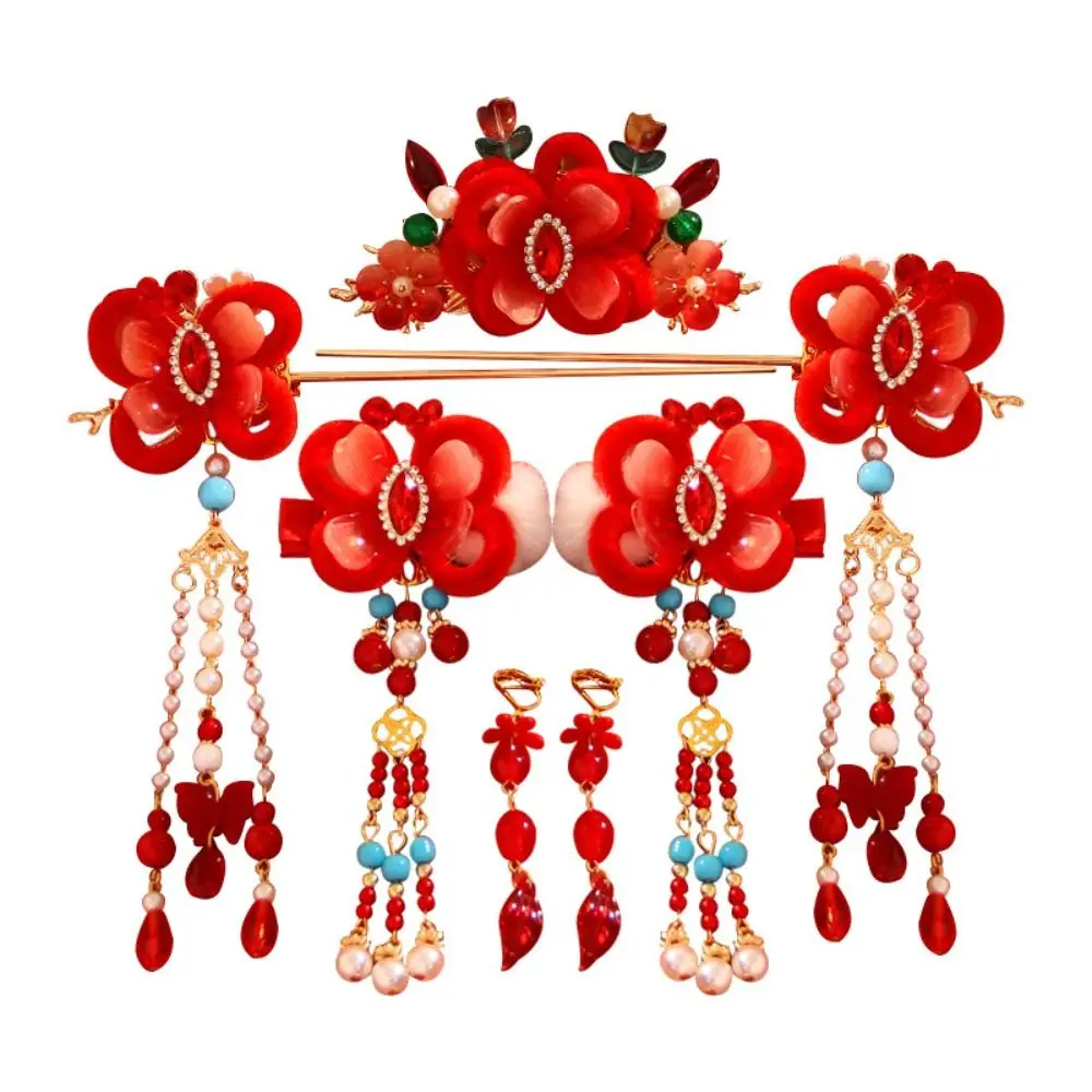 Classical New Year Chinese Style Hairpin Set Red Tassel Hanfu Hair Stick Alloy Earring Flower Hair Comb Girl Hair Accessories