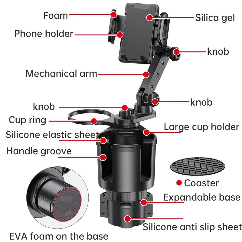 Suportes de telefone para o seu porta-copos do carro, suporte de telefone celular 2 em 1 com suporte de copo base expansível, pescoço giratório de 360