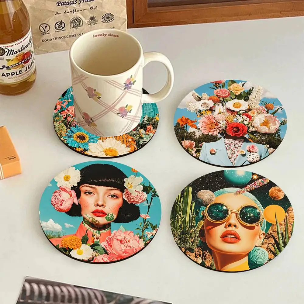 Retro Psychedelic Floral Women Wooden Coasters Heat-resistant And Non-slip Suitable For Restaurants And Cafes And Make Great