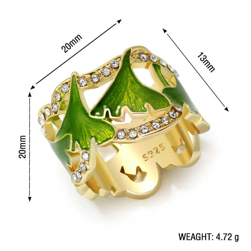 Enamel Two-color Gingko Leaf Ring for Women Metal Gifts Crystal Fashion Jewelry Accessories Gifts