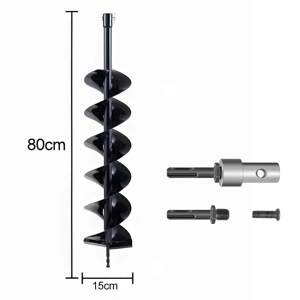 Garden Earth Auger Drill Bit 800mmx150mm, Steel Spiral Drill with Locking Pin & Adapter for Fence Post, Well Drilling Excavation