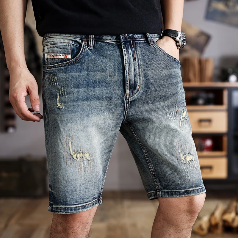 JXN1051 อเมริกัน retro ล้างเก่า Slim กางเกงยีนส์กางเกงขาสั้นผู้ชายฤดูร้อนใหม่กางเกงตรง ins น้ําห้าจุด