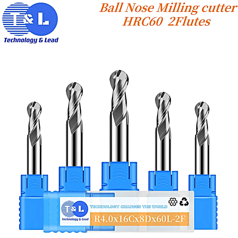 T&L HRC60 2-Flute Milling cutter for Aluminum R1 R2 R3 R4 Tungsten Steel Carbide CNC Machine Machining Ball Head Endmills Tools