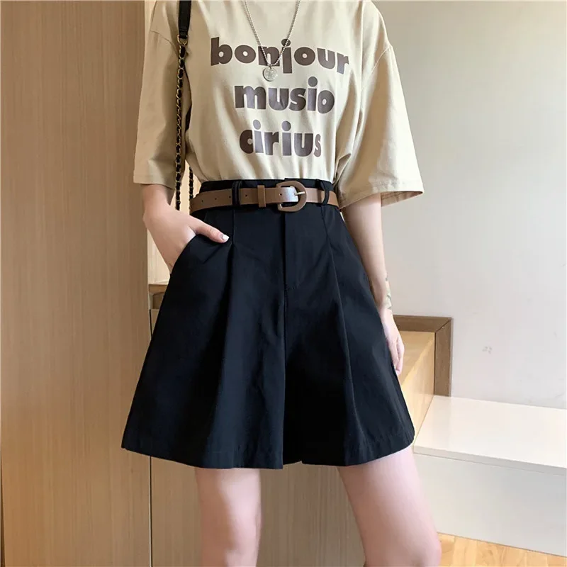 Korean Fashion Solid Pocket Womens Shorts High Waist Summer Wide-leg Shorts Belt Khaki Casual Cotton Workwear Shorts for Women