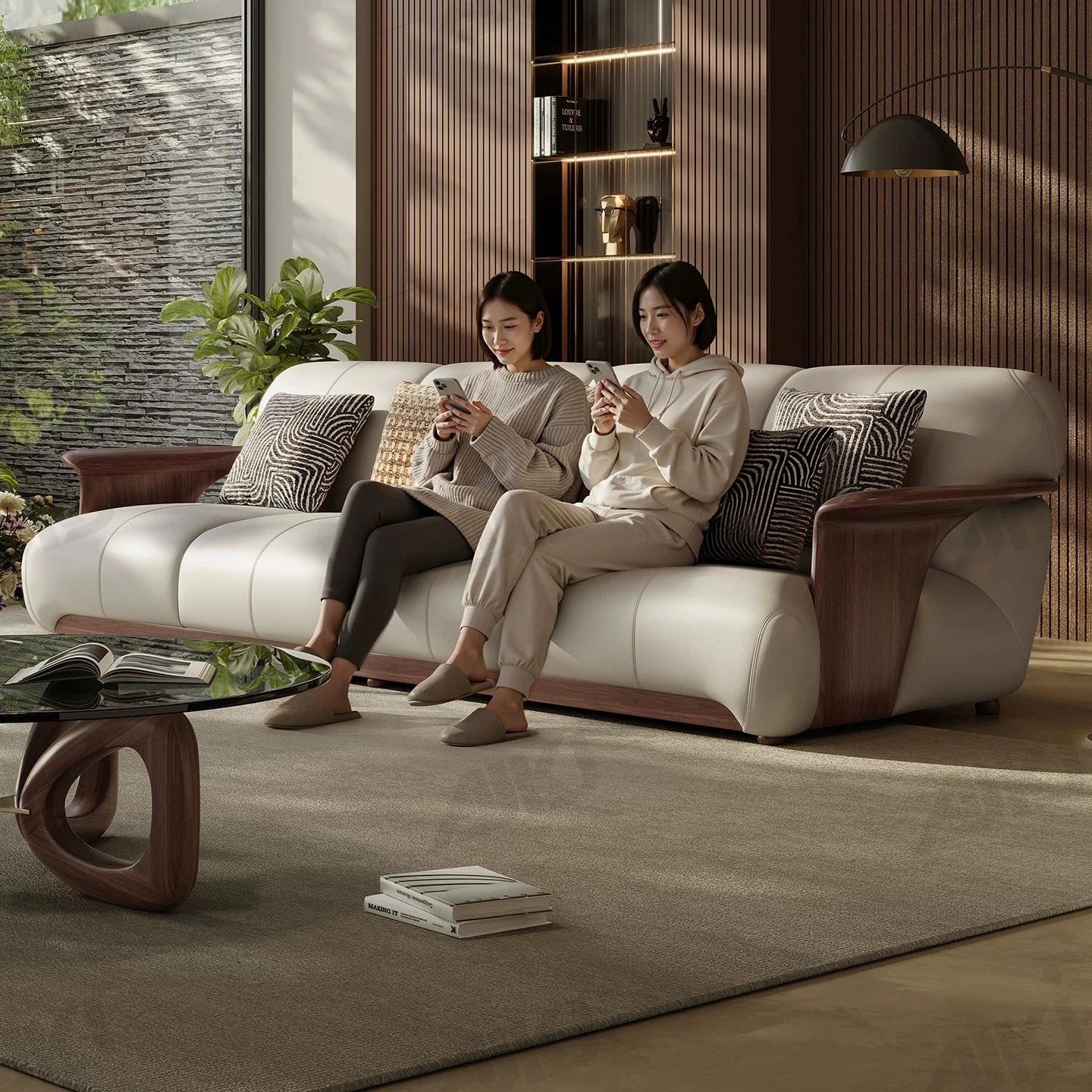 

Modern Genuine Leather Sofa Couch, Mid-Century Upholstered Living Room Sofa with Solid Wood Armrests, for Home Apartment Office