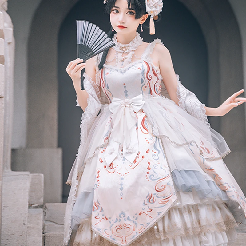 Stile cinese Jsk Lolita Sweet Girl Cosplay splendida stampa Cloud Pearl Lace Ruffled Mesh Bow Flower Ribbon Halter Dress