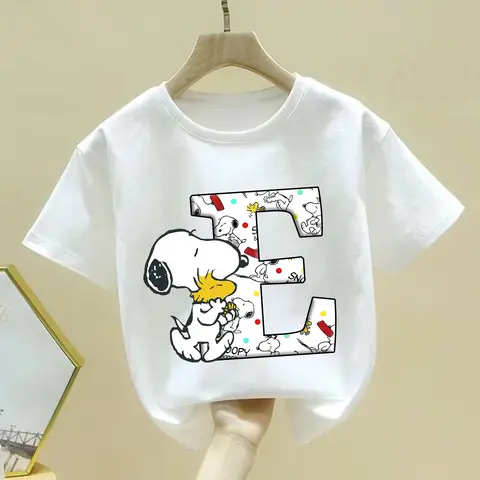 Snoopy A-Z Letter T-shirt Children Cute Cartoon Anime Clothes Fashion Round Neck Clothing White Short Sleeve Kids Summer Tee Top