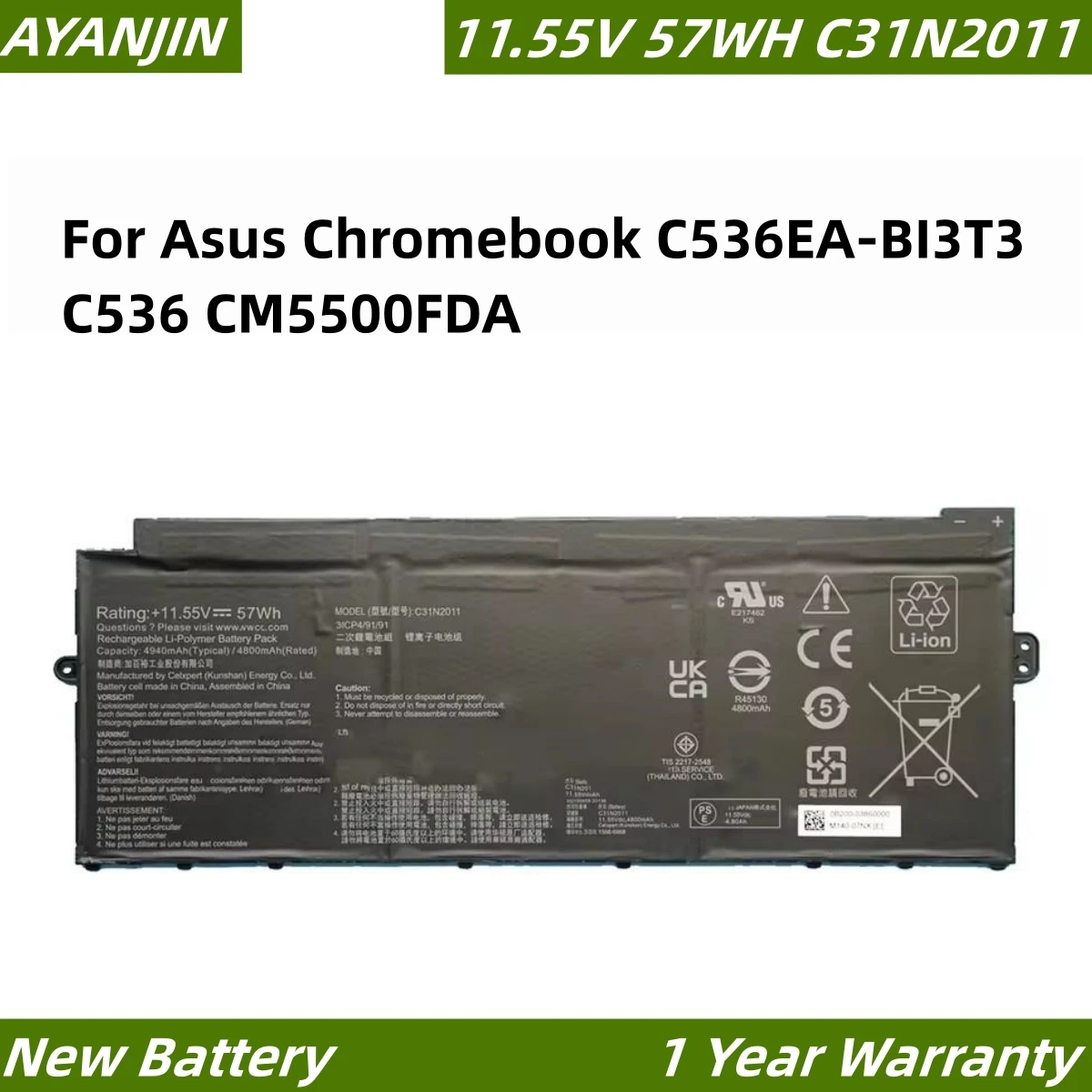 11.55V 57Wh C31N2011 Laptop Battery for Asus Chromebook C536EA-BI3T3 C536 CM5500FDA