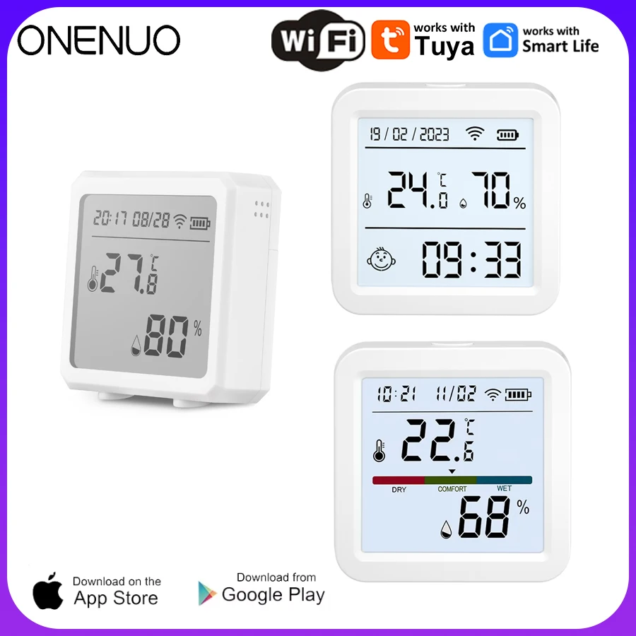 ONENUO Smart WIFI Temperature Humidity Sensor Hygrometer Thermometer Tuya Smart  APP Remote Moniter Support Alexa Assistant