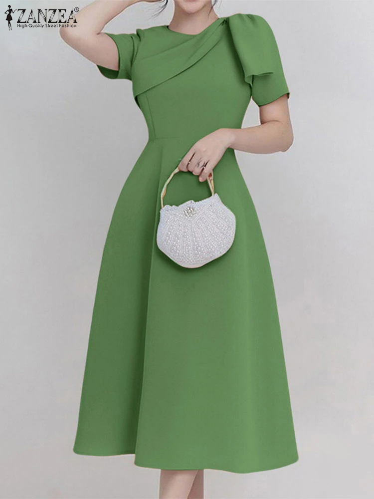 

Elegant Work Dress Women Mid-Calf Sundress Fashion Short Sleeve A-Line Swing Vestidos Solid High Waist Robe Femme 2025 ZANZEA