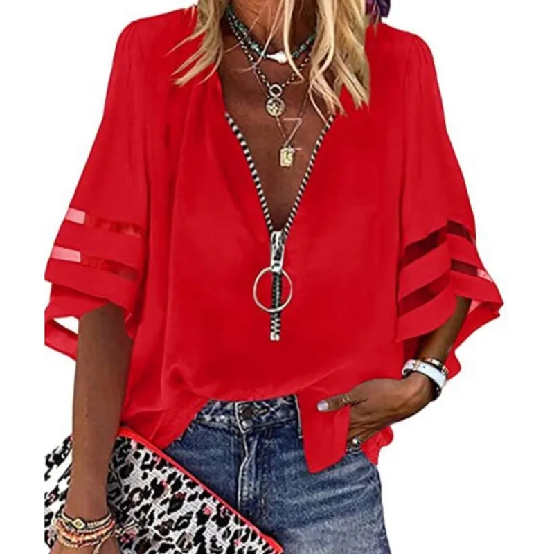 Casual Women\'s Shirt Top 2023 Summer Sexy V-Neck Zipper 3/4 Flare Sleeve Solid Color Patched Loose Blouse Women Clothing S-XXL