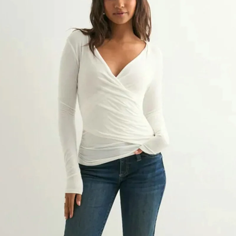 

Однотонная тонкая футболка с v-образным вырезом и длинным рукавом, женская сексуальная короткая футболка, повседневный топ, осенняя женская одежда, уличная одежда, уличная одежда