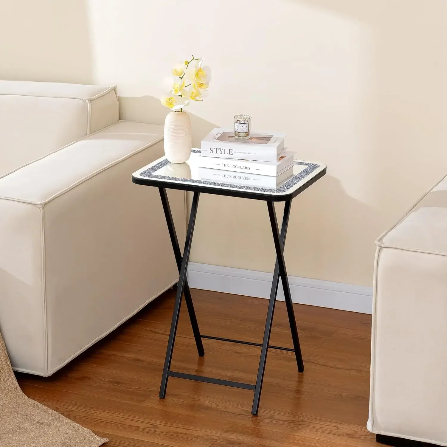 

SHYFOY Folding TV Dinner Table, Crushed Diamond Mirrored TV Tray, Portable Sofa Side Table, Easy Assembly and Storage