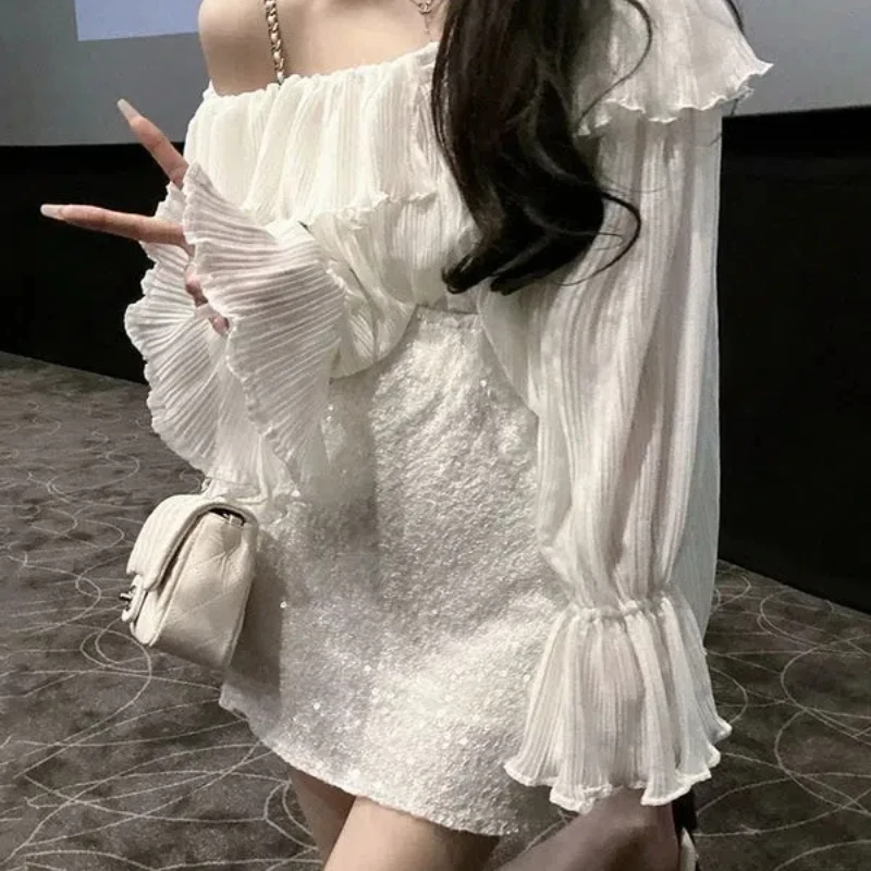 Sweet and Super Fairy Ruffled One-neck Chiffon Top for Women Versatile Off-shoulder Top for Wome