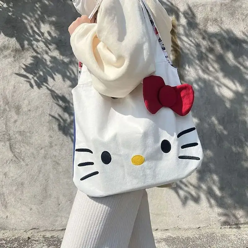 Fashion Hello Kitty Canvas Handbag Kawaii Cartoon All-match Women Casual Large Capactiy Shoulder Bag  Foldable Storage Tote Gift