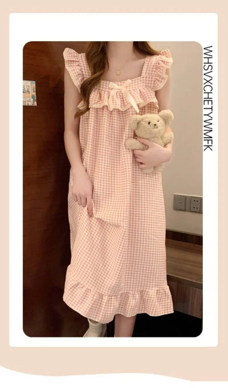 Women Korean Sweet Plaid Bow Design Nightgown with Straps Sleep Dress Cute Summer New Loungewear Y2K Nightgown with Built-in Bra