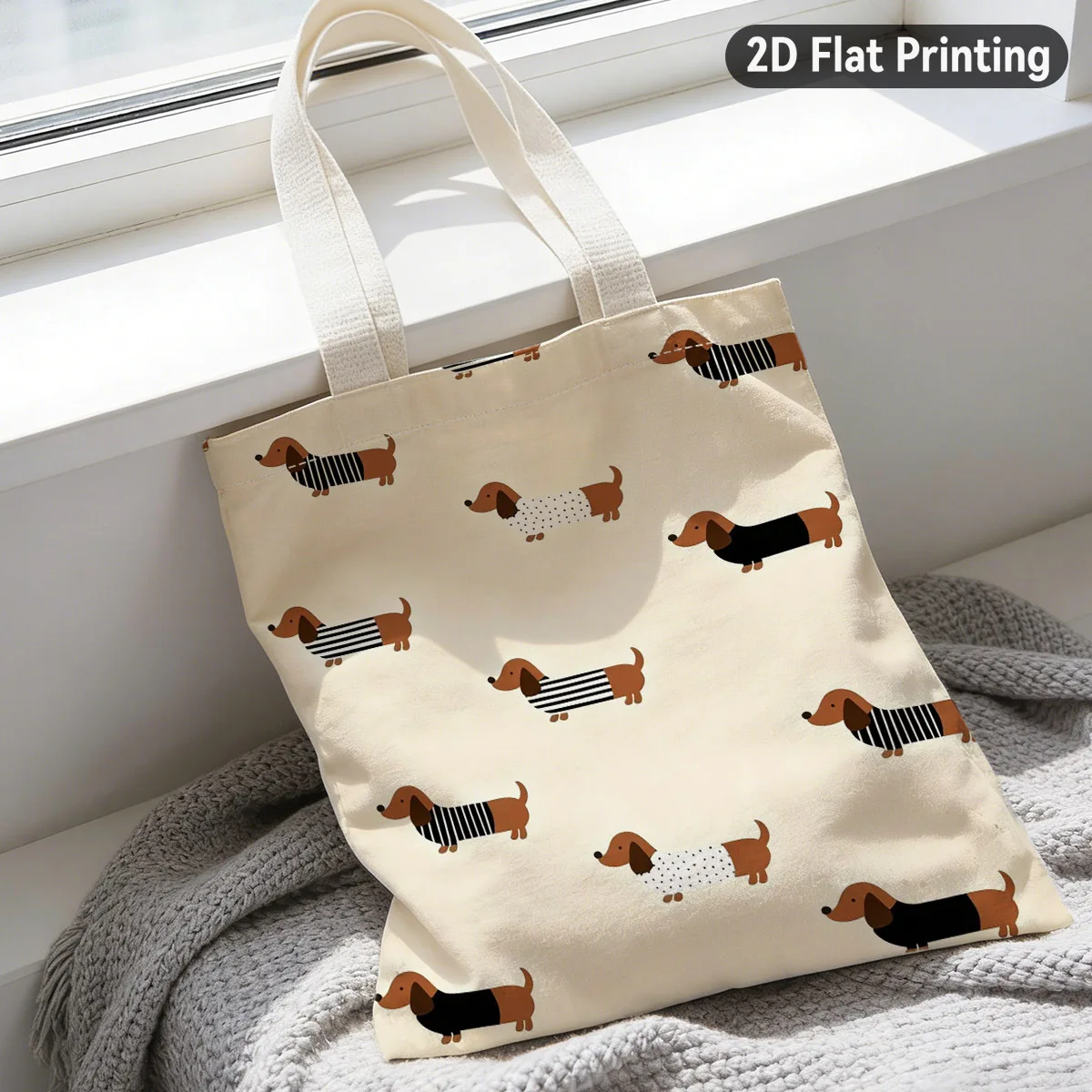1pc Cute Dachshund Tote Bag Suitable for Grocery Shopping & Weekend Outings, Durable Neutral Style with Adorable Sausage Dog Pri