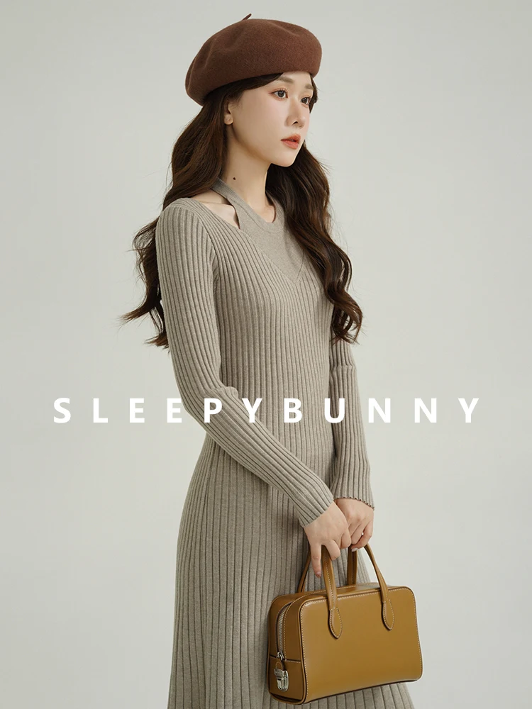 Halter pescoço recorte vestido de malha feminino inverno com nervuras magro manga longa camisola vestido cintura alta bodycon a linha midi vestido uso diário