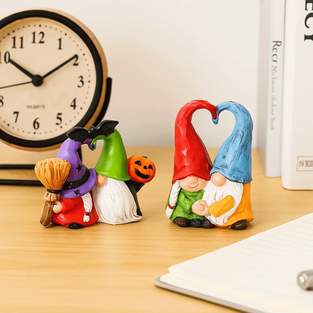 Coppia in resina Ornamenti nani Statua da collezione Figurina nana di zucca Miniature fatte a mano Figurine a forma di cuore di spirito nano