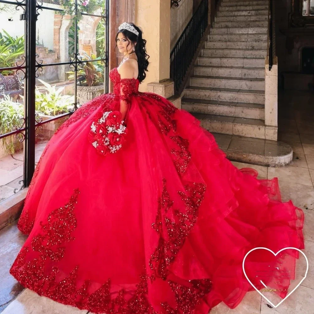 Angelsbridep Maßgeschneidertes rotes Tüll-Ballkleid Quinceanera-Kleider Vestidos 15 Años Quinceañera Schulterfreies Partykleid mit Pailletten